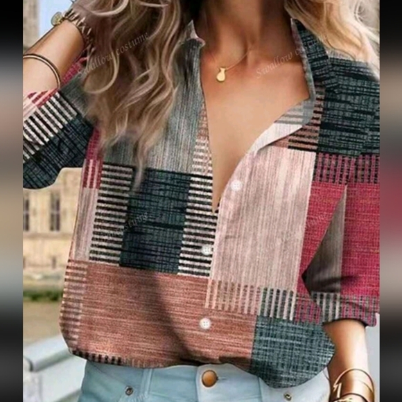 Women's Contrast Color Block & Button Print Long Sleeve Casual Retro Shirt - Picture 5 of 5